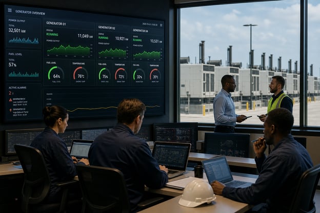 Foto de um gerador industrial com sensores e uma tela digital mostrando dados em tempo real