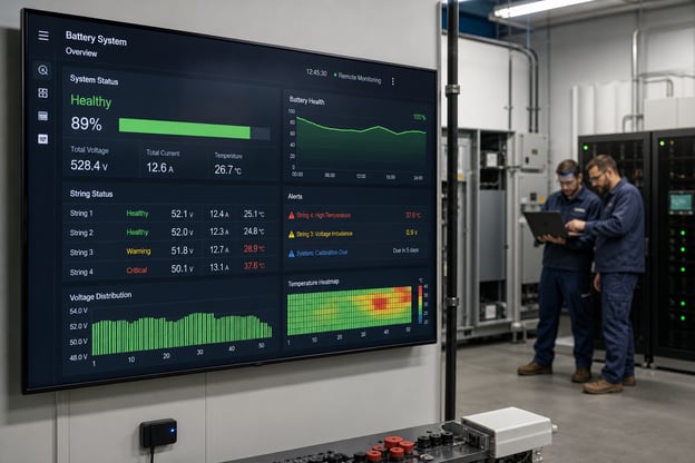 Painel de monitoramento remoto exibindo dados de bateria, combustível e parâmetros de energia em tempo real.