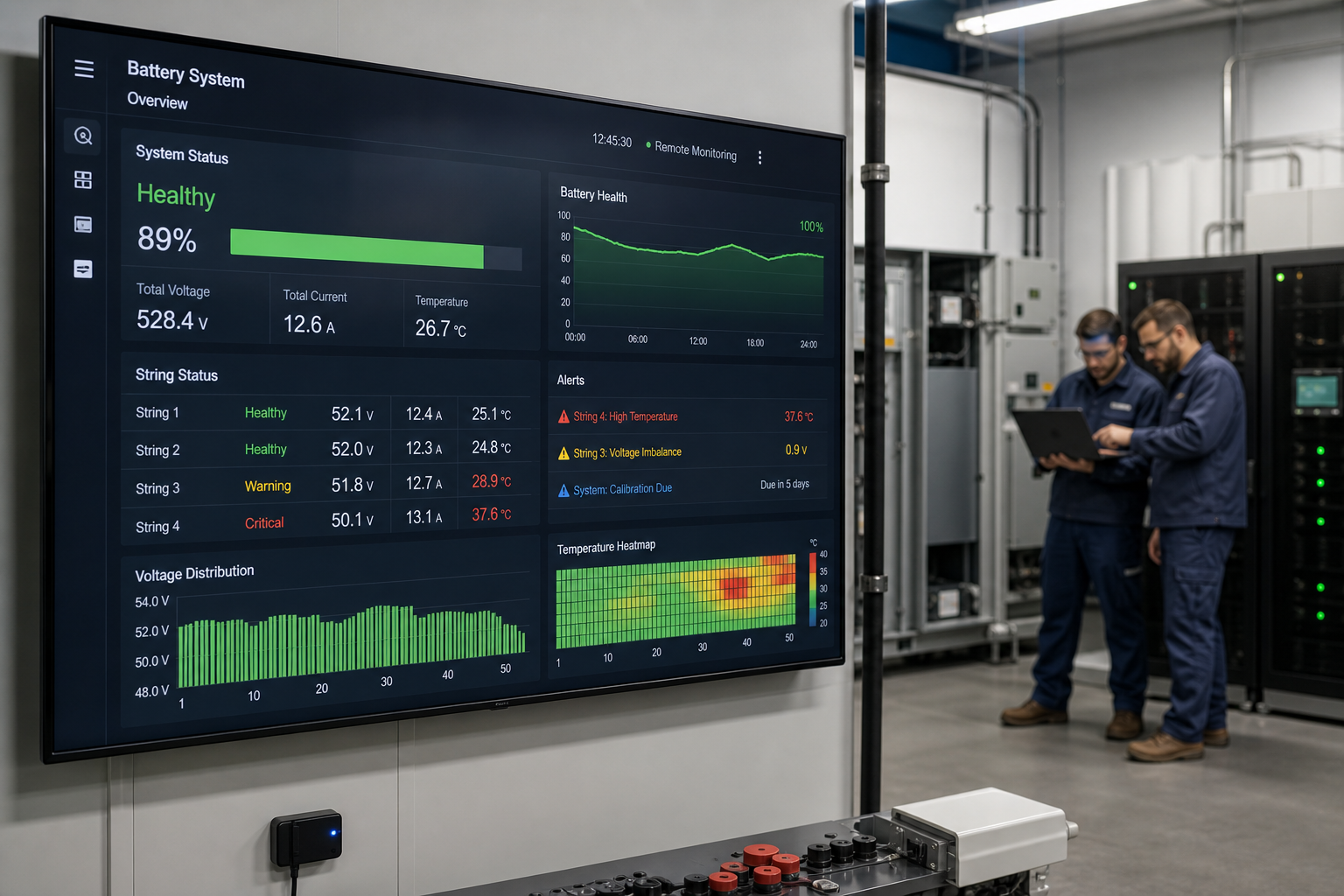 Painel de monitoramento remoto exibindo dados de bateria, combustível e parâmetros de energia em tempo real.